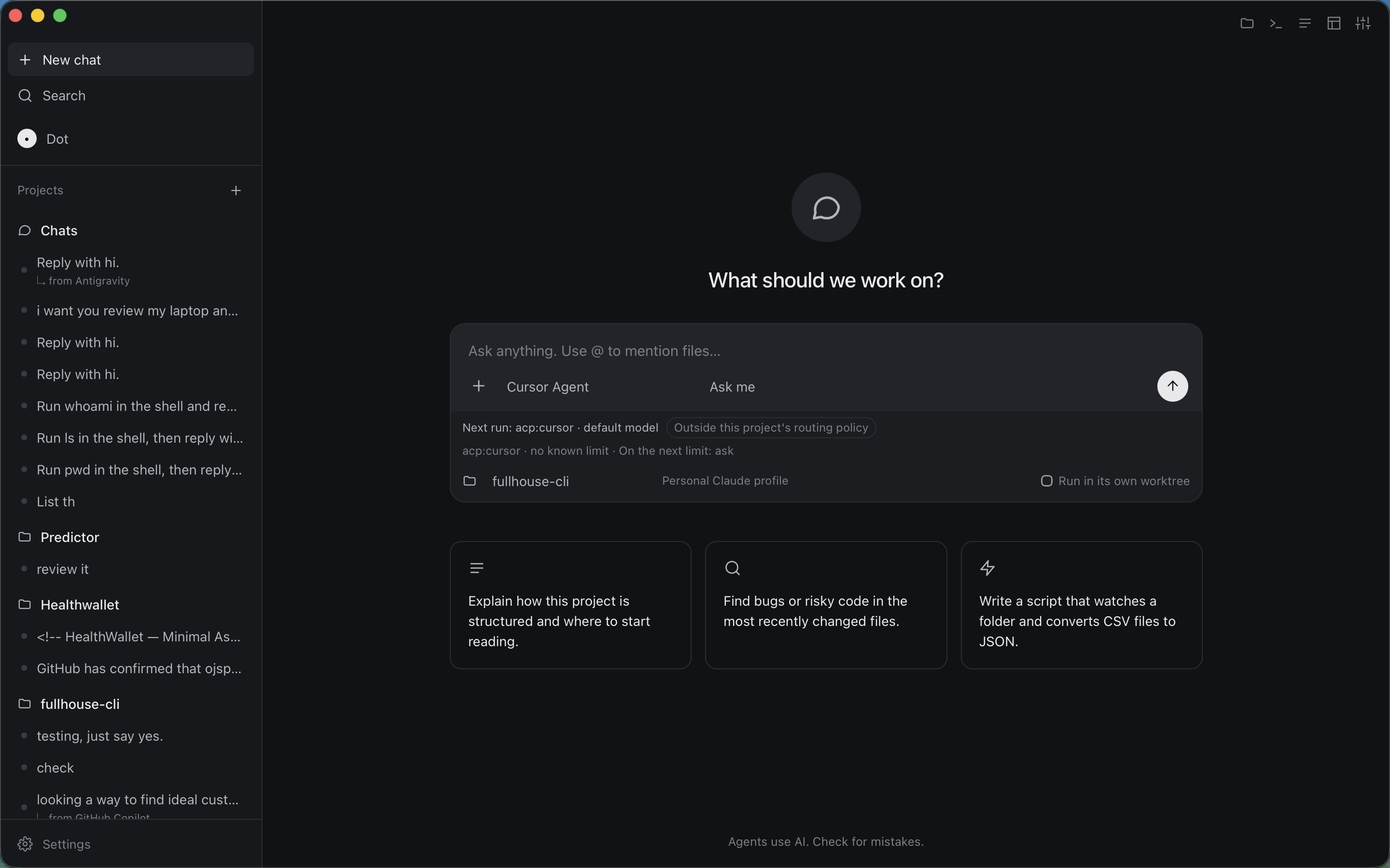 Fullhouse app — new-chat home with composer and agent picker