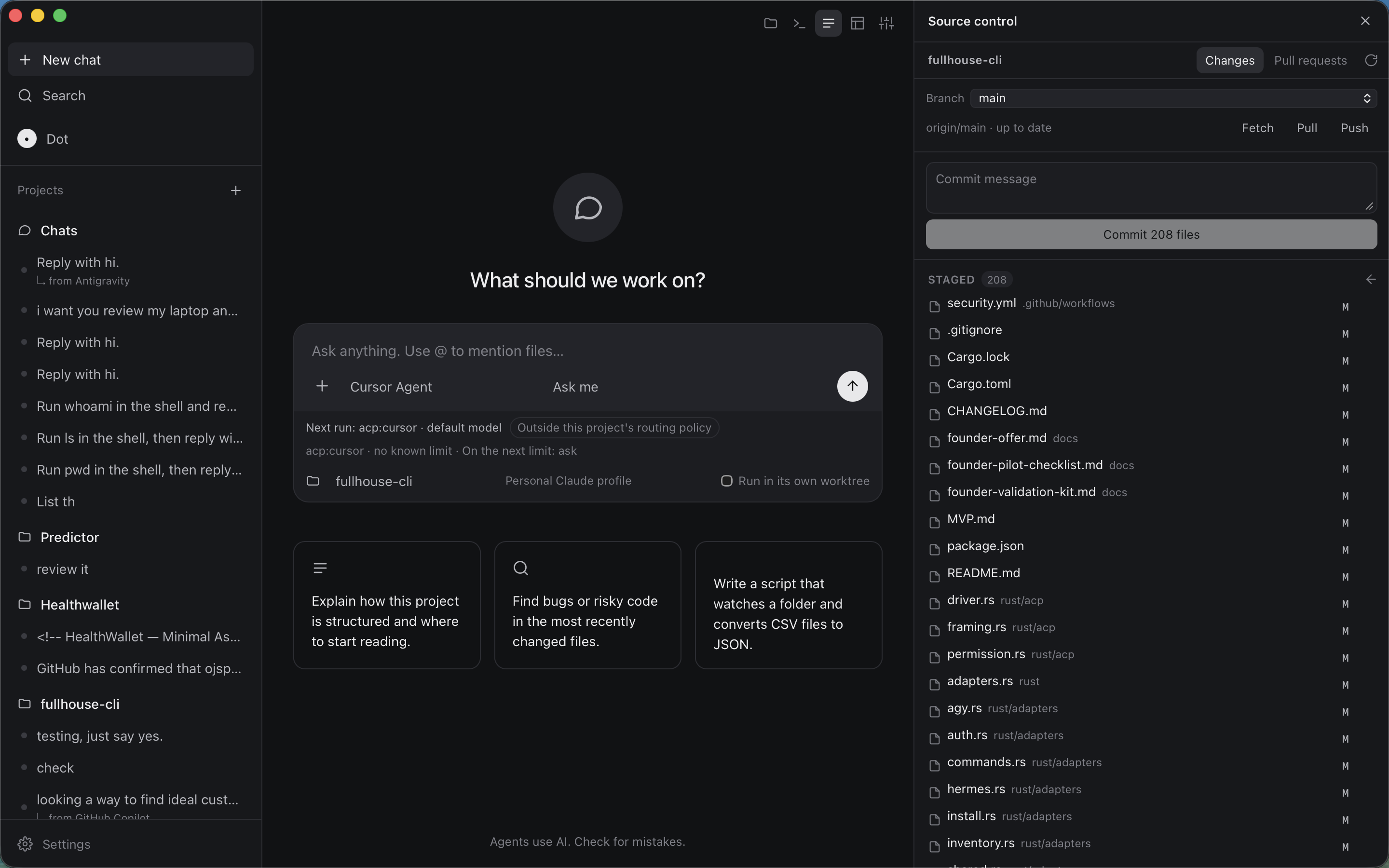 Fullhouse app — source control view with diffs, staging and branches