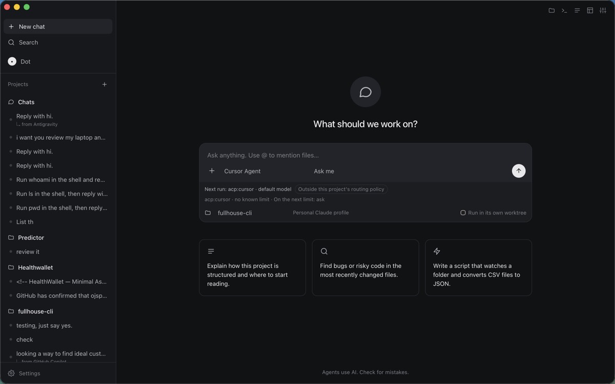 Fullhouse on macOS, new chat with the composer and agent picker